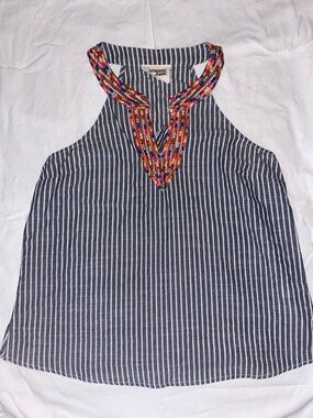 Savanna Jane Navy and White Striped Halter Tank with Multicolor Embroidered Trim